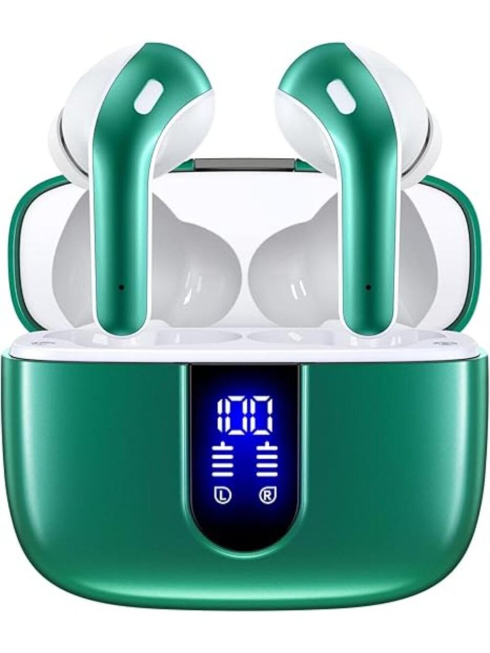 Forest Green Bluetooth Headphones True Wireless Earbuds LED Power Display Mic